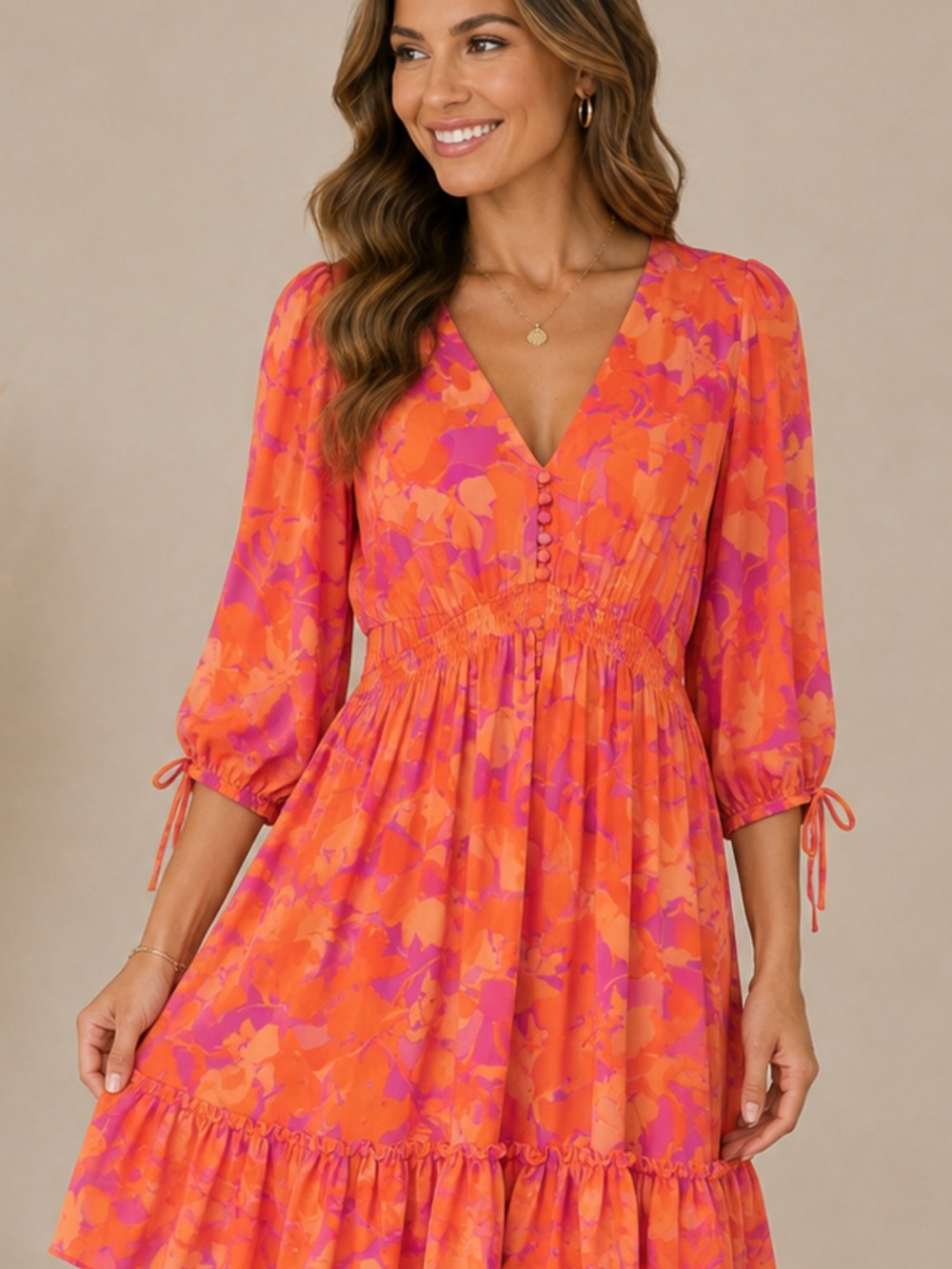 Taylor Orange and Pink Floral V-Neck Smocked Waist Dress